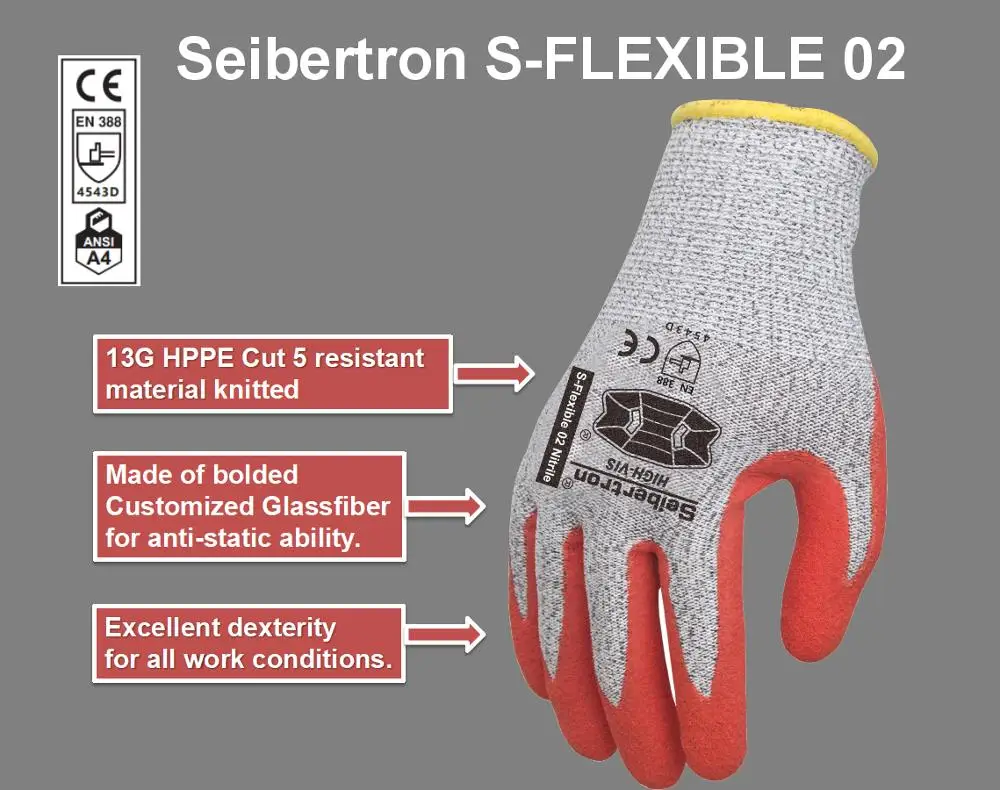 
Seibertron S-Flexible 02 13G HPPE Liner Nitrile Dip Palm Coating Anti-Cut Level 5 Resistant Safety Work Gloves PPE Hand Glove 