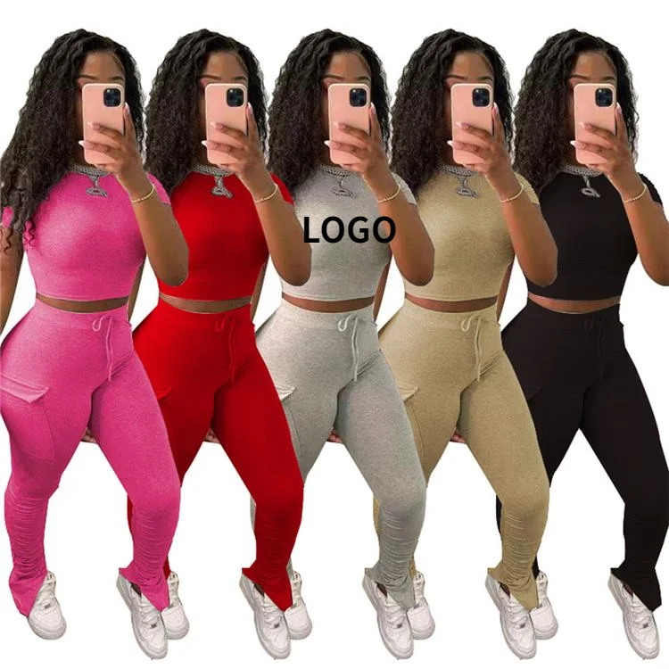 

Amazon Hot Onsale 2021 Summer Casual Sports Suit Tracksuit ladies Stacked Pants Set Women Two Piece Set Clothing