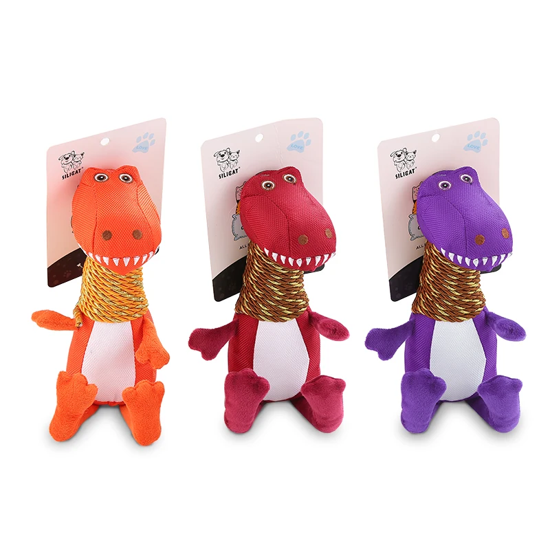 

Nylon rope bite molar canvas plush dinosaurs squeak stuffed dog toy interactive