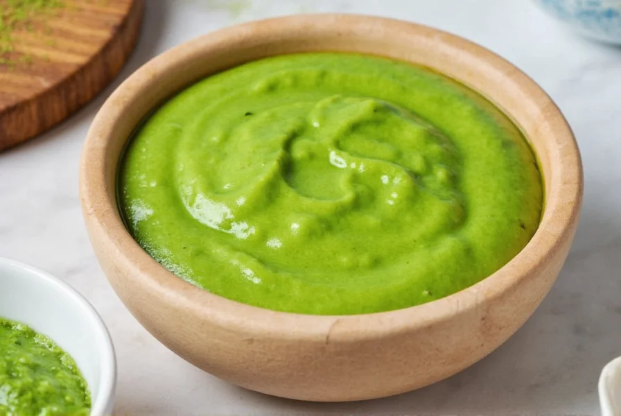 Matcha sauce drizzled over vanilla ice cream with fresh berries