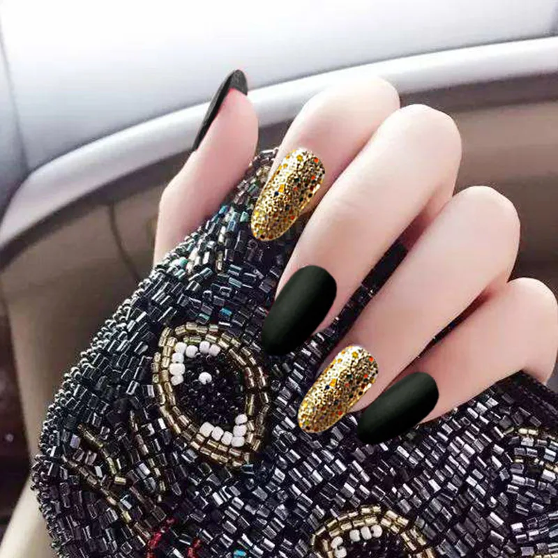 

Long round head black gold powder sequins wear nail frosted matte fake nail patch manicure faux ongles false nails, Multiple colour