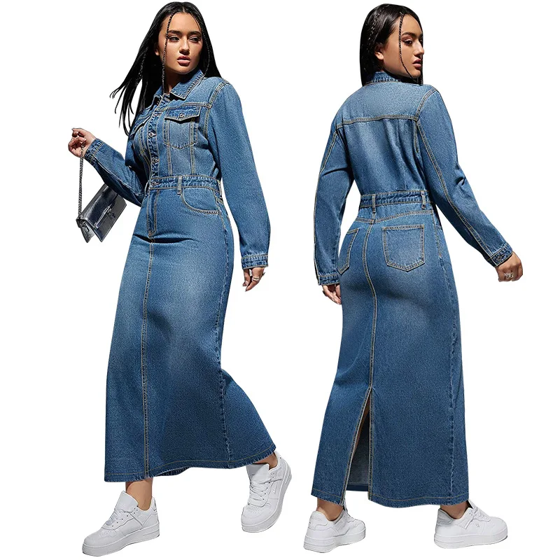 Y218616 Trendy Plus Size Jeans Dresses Women Casual Lapel Long Sleeve Button Slit Denim Dresses for Women Maxi Dress Ladies