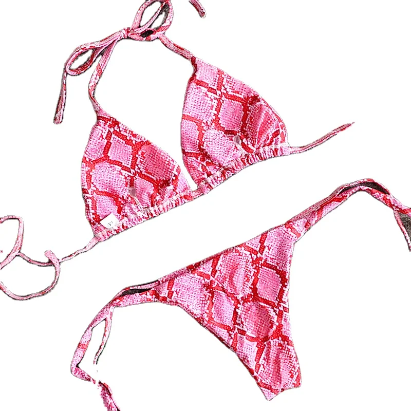 

2021 New Wholesale Design Snake Print Bathing Suits Sexy Triangle Removable Pads Swim Wear Bikinis Women Swimsuits, Picture or customized
