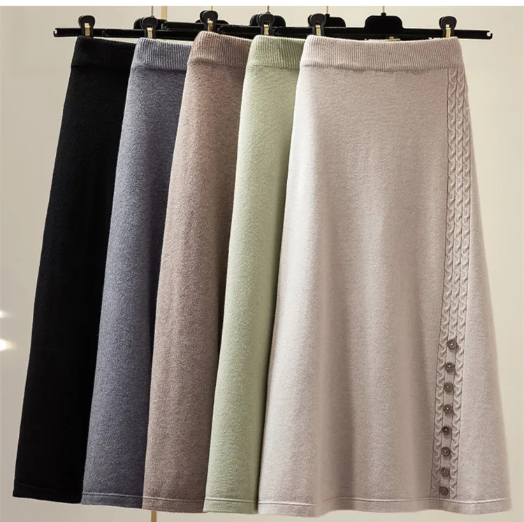 

Winter Thickened Rib Knitted Large Swing Maxi Long Skirts Elegant Solid A-line Pleated Ankle Length Knit Skirts Coffree Beige, Aoricot ,gray,black,khaki green