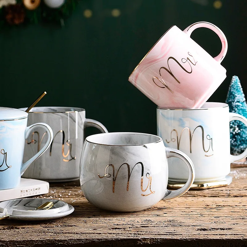 

Seaygift Customized logo marble design porcelain tea mug ceramic mr and mrs mug letters coffee mug milk tea cup, Pink/blue