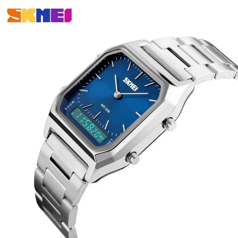 

SKMEI 1220 new design silver gents clock original Stainless steel band Luminous double display vintage Casual reloj watch