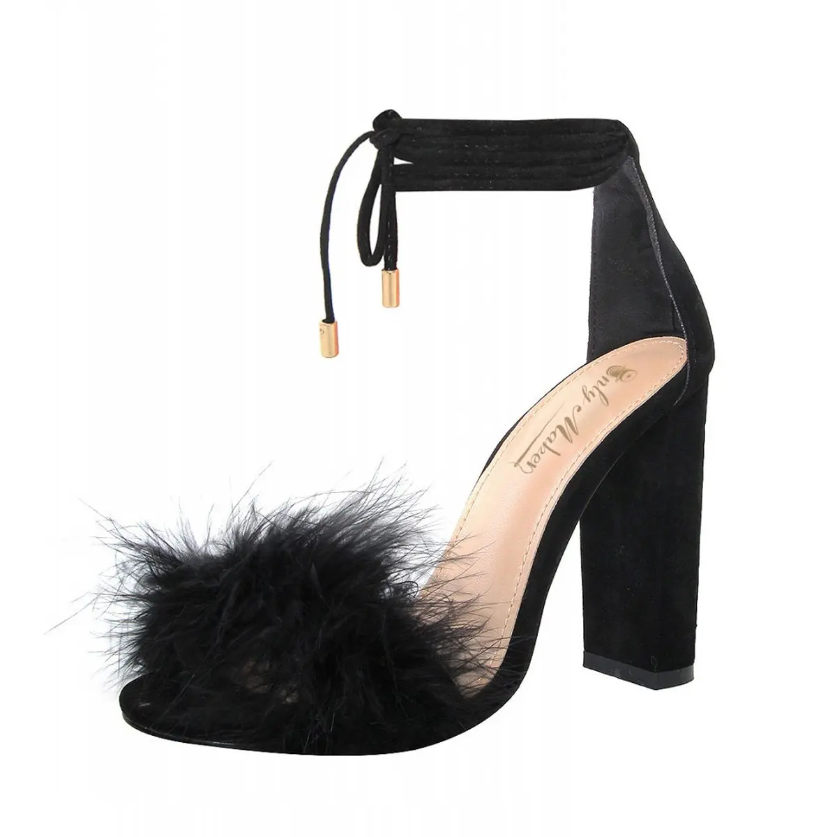 

Fluffy Marabou Feather Gladiator Chunky High Heel Sandals, Black