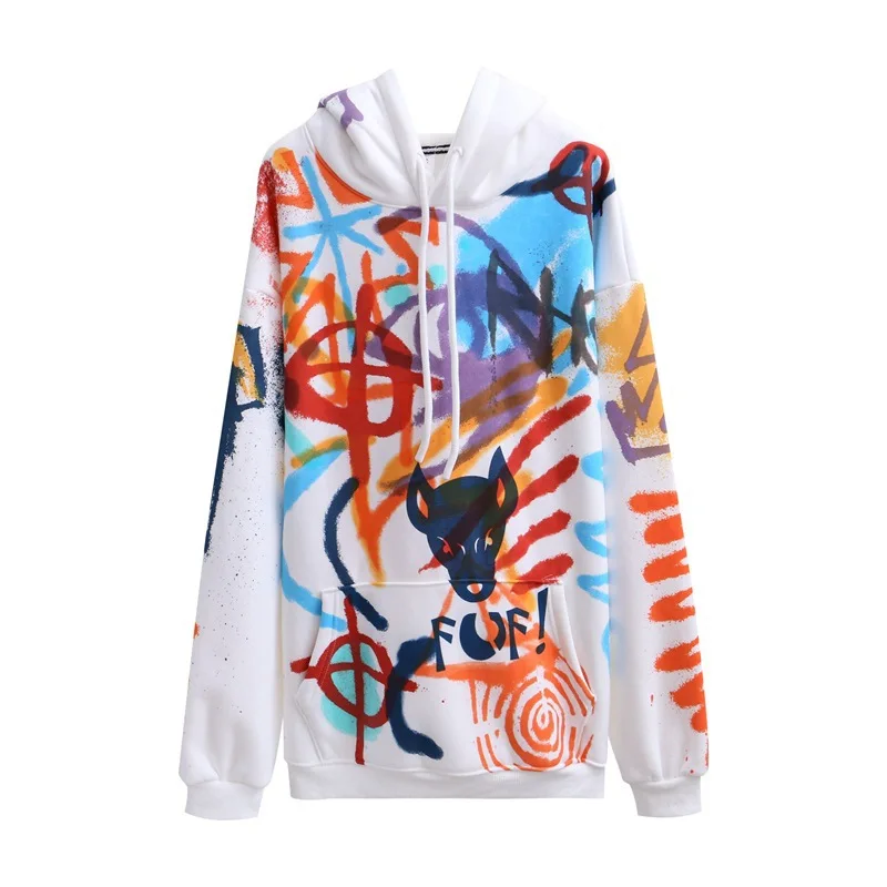 

autumn and winter plus velvet hoodie women tie-dyed hoodie graffiti pullover hoodie