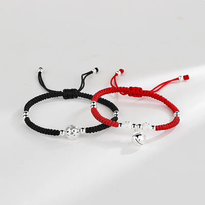 

Boho Handmade  Black Red String Braided Woven Couple Matching Bracelets with 925 Silver Bell