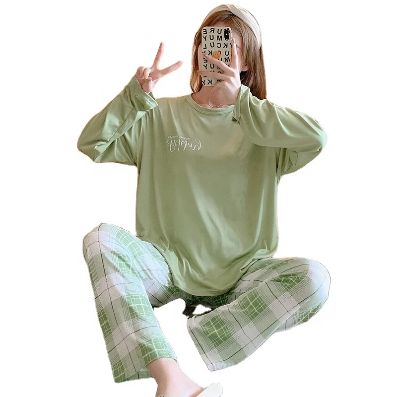

Personalized Sleepwear Women's Pajamas Crew Neck Long Sleeve Blank Solid Color Body Plaid Pants 2Pcs Set Milk Silk Home Wear, As picture show