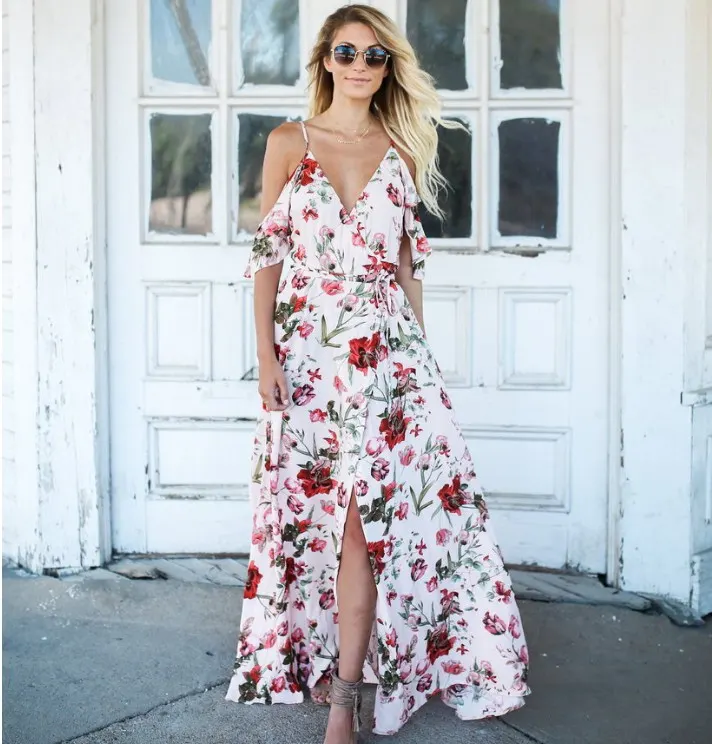 

2020 New Fashion Summer Women's Sexy Show Shoulder Deep V Printed High Waist Long Open Forked Dresses, As pictures