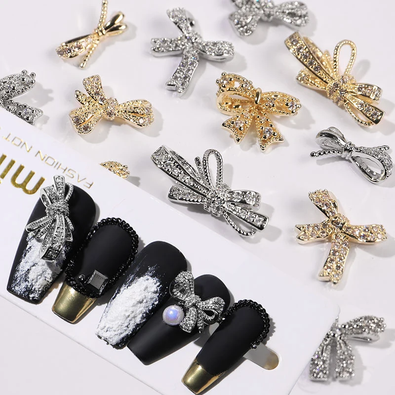 

Top Quality Gold Silver Bow Nail Art Rhinestones Luxury Crystal Zircon Nail Jewelry Charm Bowknots Manicure Design Accessories