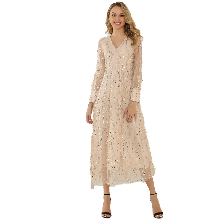 

Hollow Out V Neck New Style Sequin Tassels Womens Long Sleeve Maxi Dress