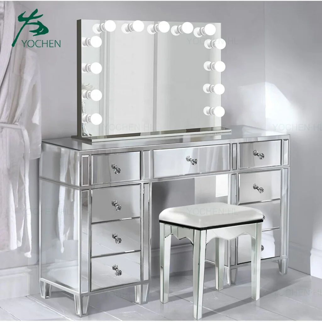 
Vanity Modern Large Mirrored Dressing Table Set LED Dressing Table with Mirror and Stool 