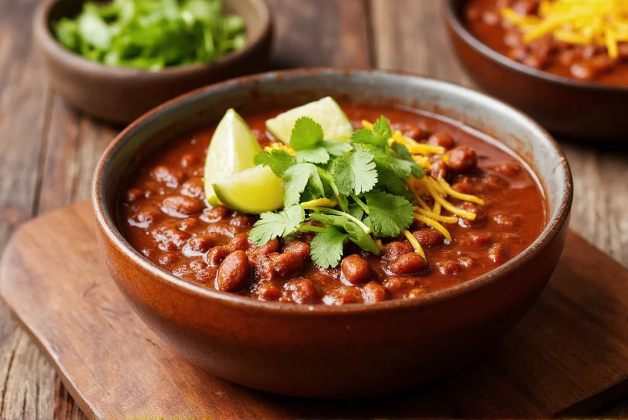 Bowl of steaming no bean chili topped with fresh cilantro, cheese, and lime wedges on wooden table
