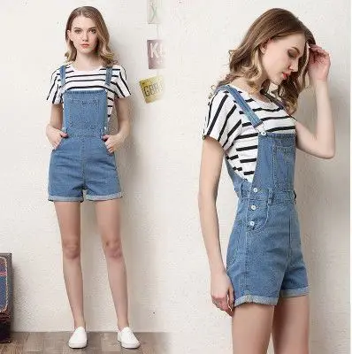 

Fashion Short denim overalls women jumpsuit romper high waist casual jeans playsuit washed blue dungarees 2019 summer clothing