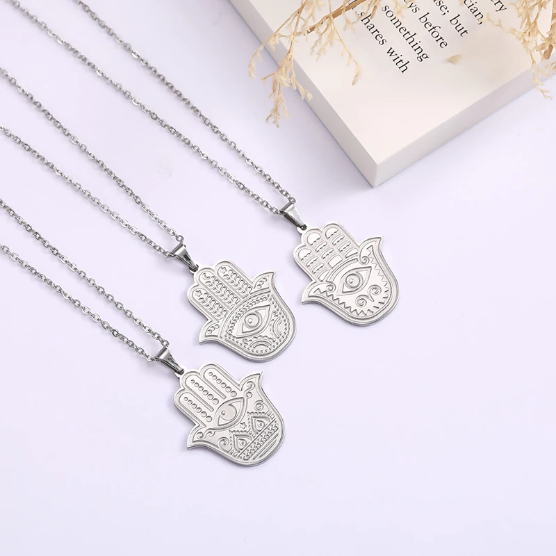 

Hamsa Hand Stainless Steel Necklace Women Amulet Pendant Choker Jewelry Religious Jewish Women/Men Gift, Steel color