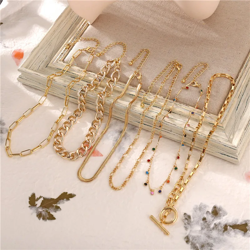 

New Punk Miami Gold Snake Chain Big Chain Link Choker Necklaces Rainbow Beads Necklace for Women Jewelry