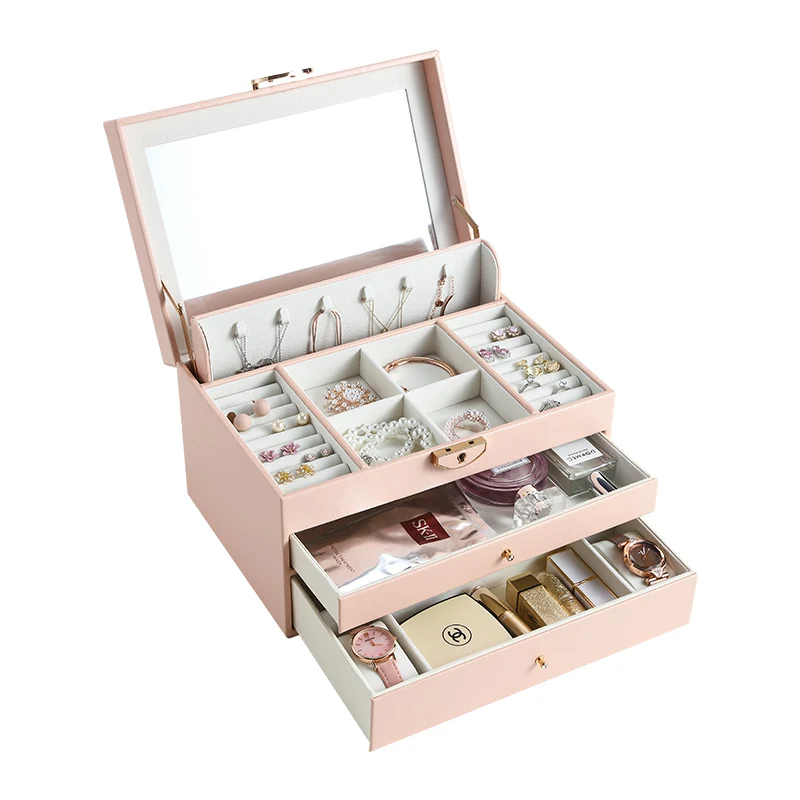 

Custom Luxury Large Jewelry Box Organizer with Handle Mirror Drawer Necklace Ring Earring Jewellery Case joyero For Wedding Gift