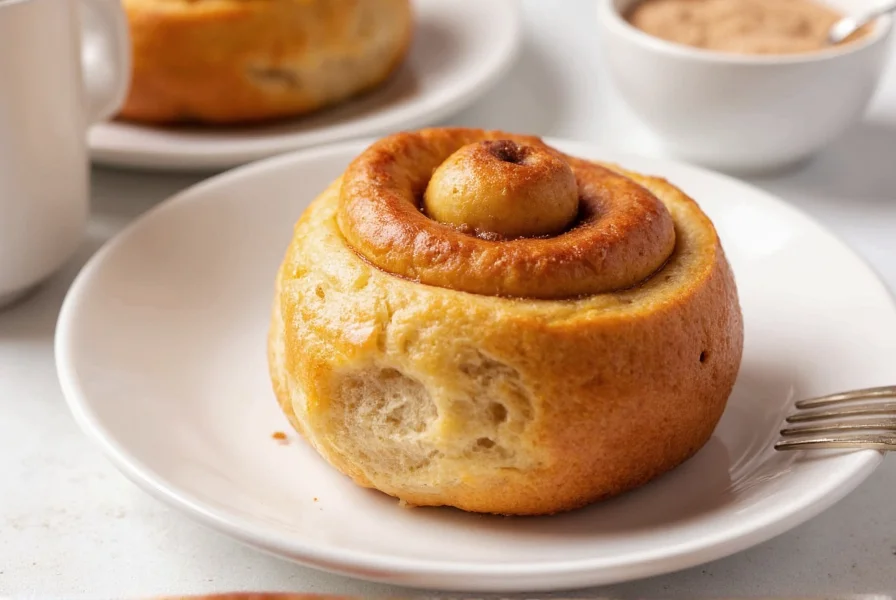 Close-up of golden brown cinnamon buns with cream cheese icing drizzled on top, showing perfect spiral layers and soft texture