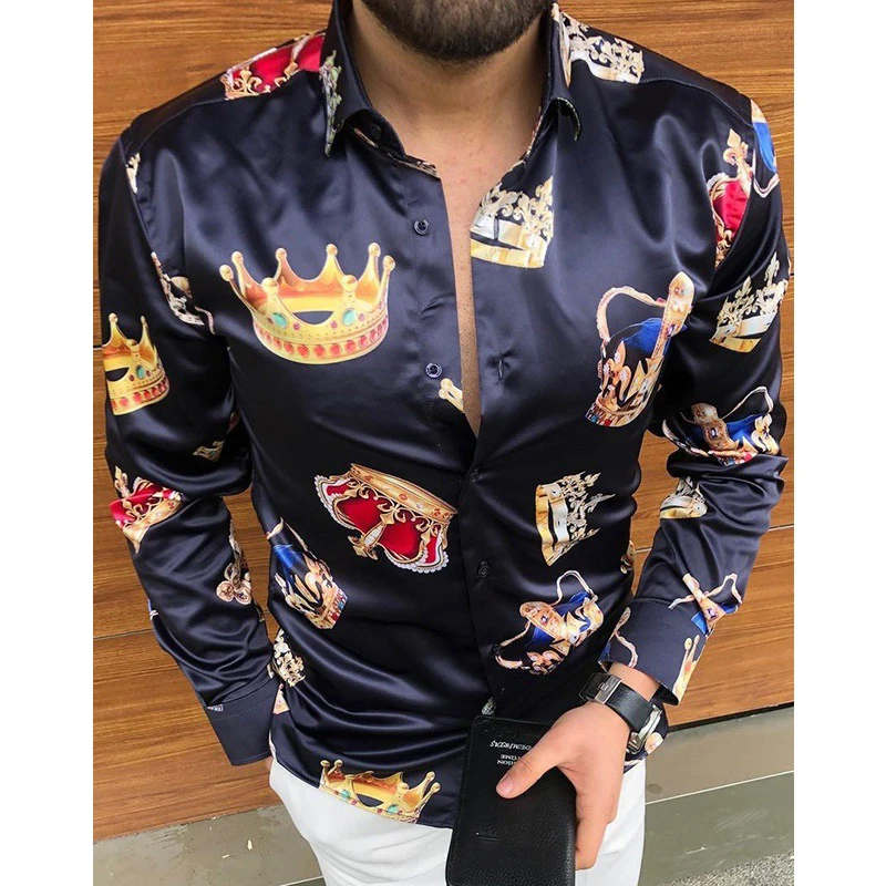 

Casual Men's Slim Printed Party Club Shirt Luxury Black Crown Shirt 2021 Single Breasted Shirt Long Sleeve, White, black, navy blue