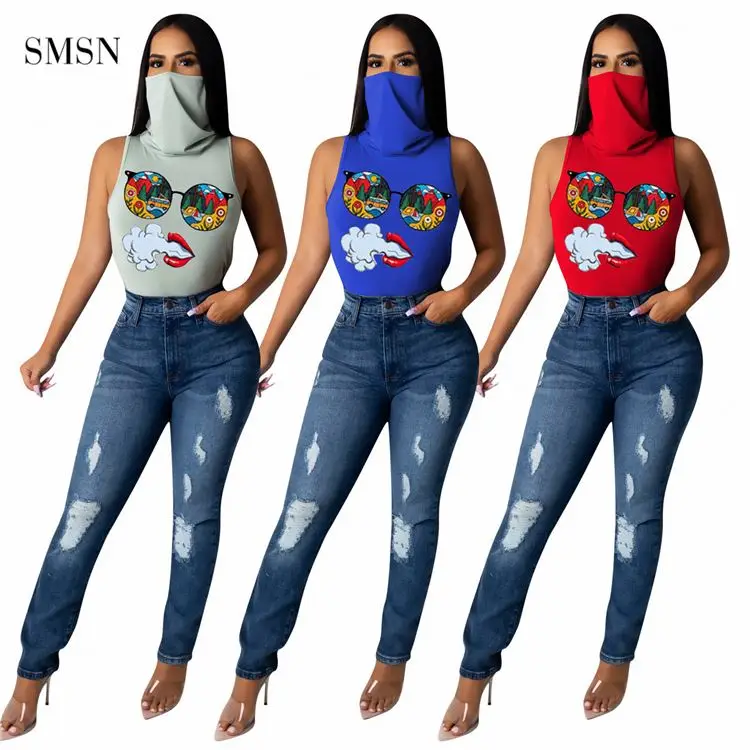 

SMSN MOEN Wholesale Casual Pullover High Collar Woman Tops Fashionable Glasses Red Lips Print T Shirt