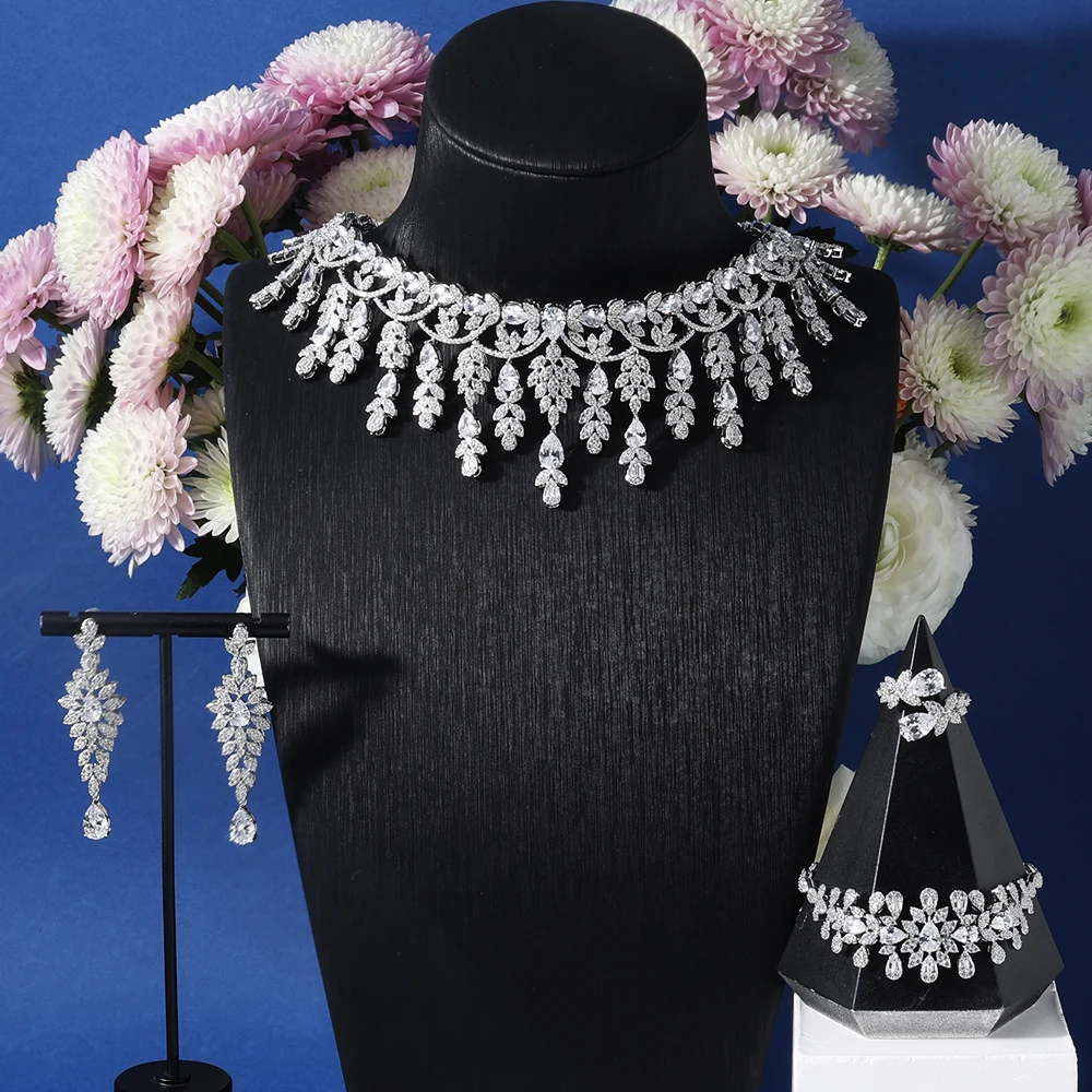 019299 Luxury Cubic Zircon Choker Necklace Sets for Women Wedding Jewellery Party Micro Pave Zirconia Engagement Jewelry