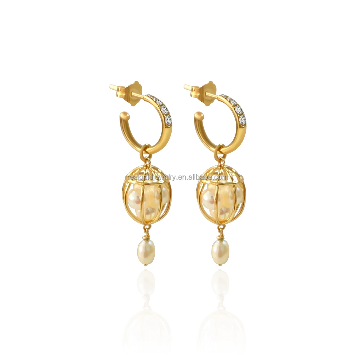 

14K Au585 Solid Gold Stud Earrings Trendy Style Lab Diamond Beautiful Pearl Earrings Gold 14k Earring Body Fine Jewelry