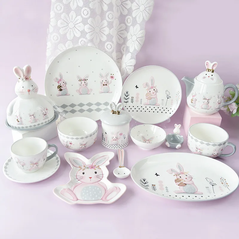 Creative Cute Rabbit Easter Decor Ceramic Tableware Light Luxury Embossed Craft Mug Bowl and Plate Home Tableware Set