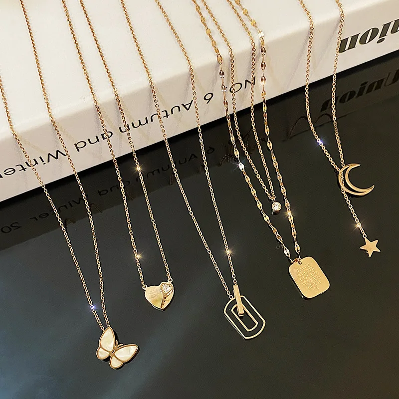 

PUSHI best sell products dainty necklace stainless steel pendant necklace women multilayer chain necklace bulk korean