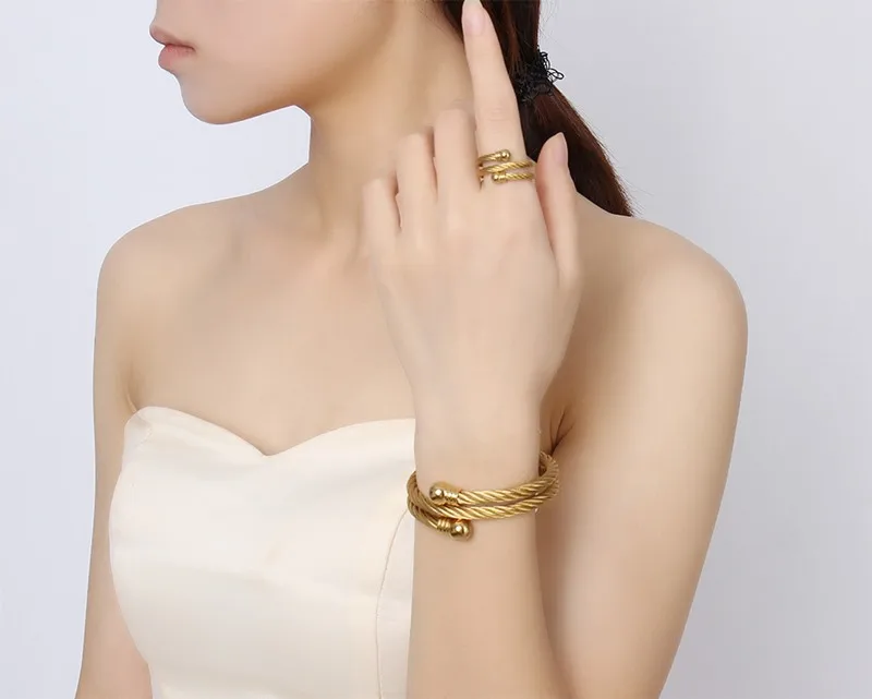 

Good quality Stainless steel 18k gold plated double circle bracelet ring set for women