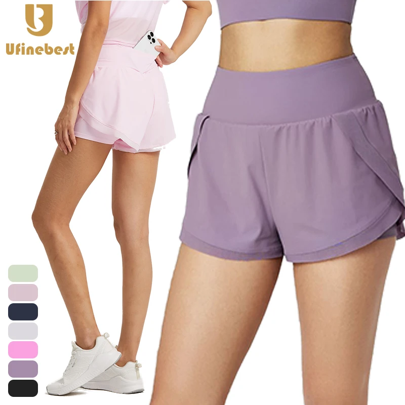 Women Quick Dry UPF 50+ Comfortable Wide Waist 2 Layers Back Pocket Training Shorts Casual Running Shorts