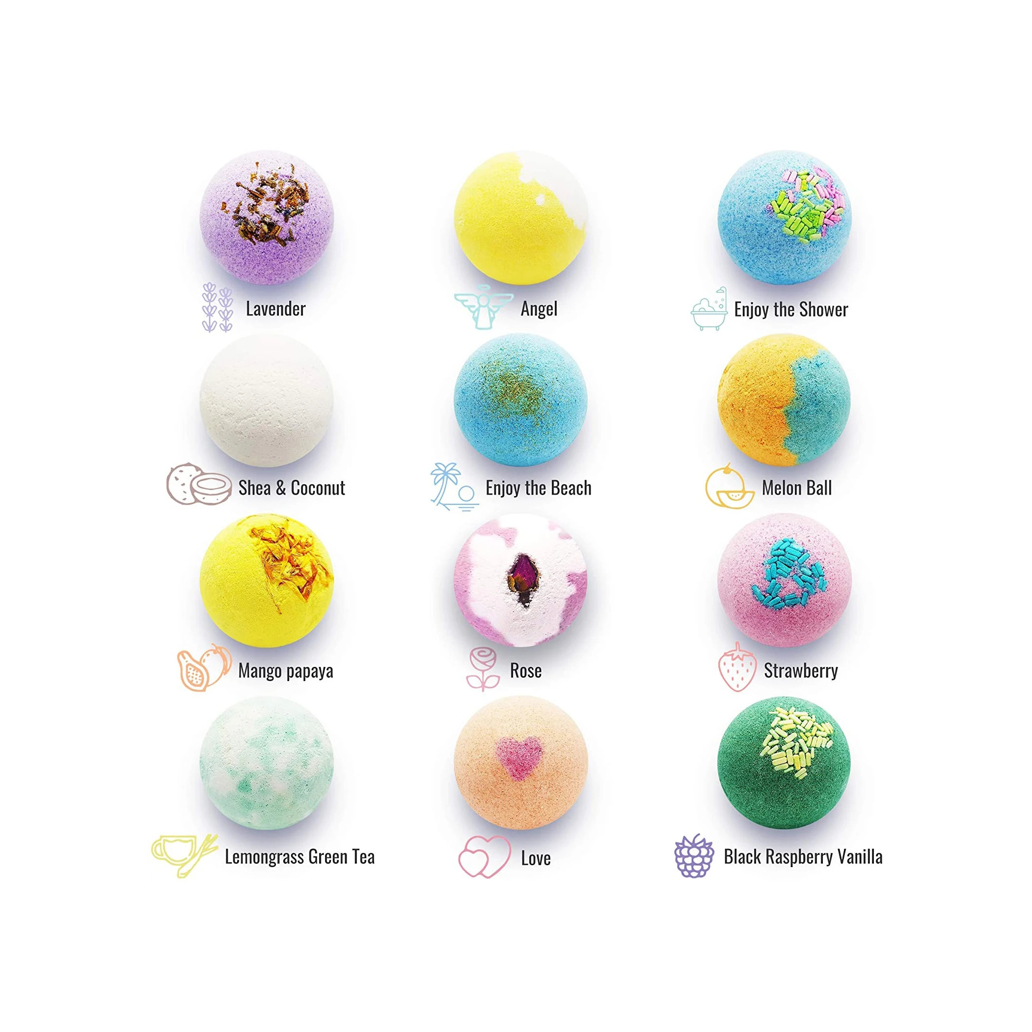 

Spot Supply Natural Organic Moisturizing Handcrafted Shower Balls in Various Shapes Twelve Different Scented Bath Balls, Colorful