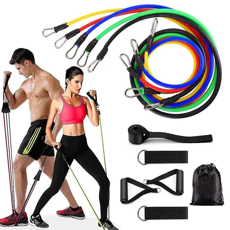 

apply to amazon natural latex 11 pcs resistance Bands with handles used home gym equipment resistance tube set, Red/yellow/blue/black/green/pink