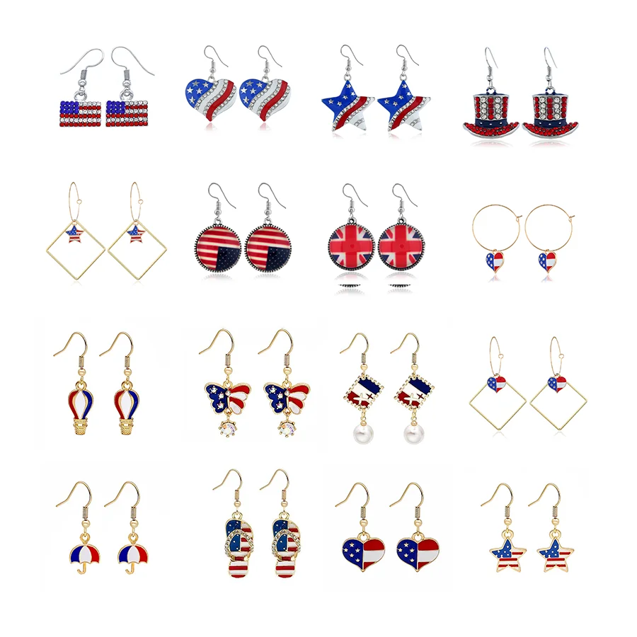 

2021 New Design American Flag Star USA Patriotic Earrings Jewelry Trendy Dangle Drop Earrings 4th of July Earring, Picture shows