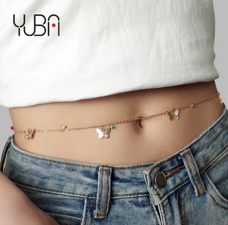

Gold Plated Butterfly Pendant Waist Chains Rice Bead Belly Jewelry Body Chain For Women Valentine's Day