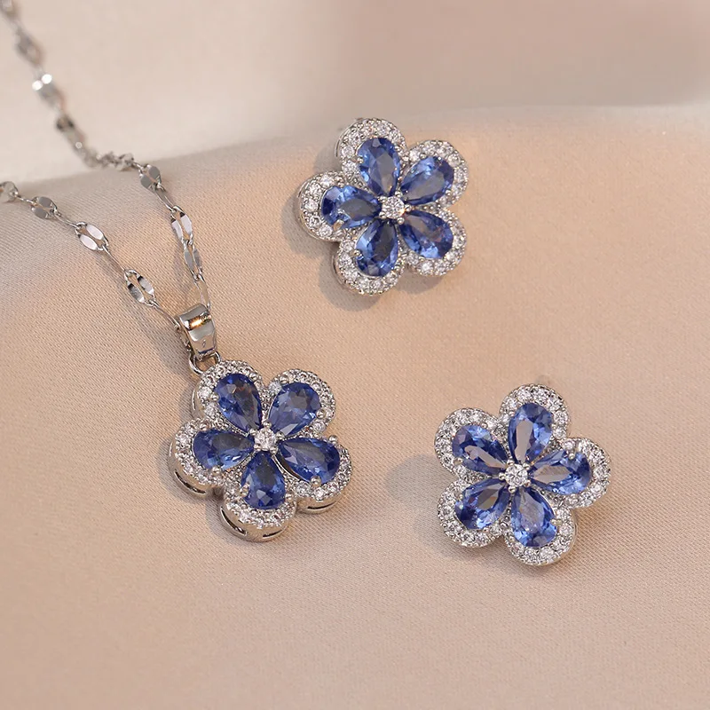 

Light Luxury Fashion Jewelry Sets 2023 Flower Blue Crystal Necklace Earrings Stainless Steel Chain Necklace Sets For Women