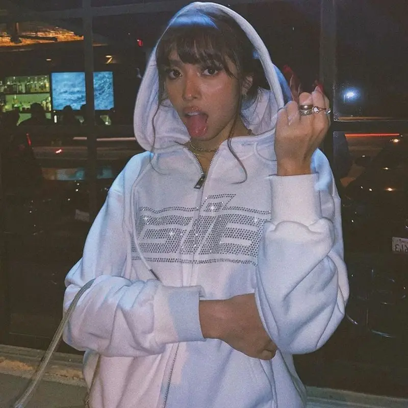 

Hr141 women letter print hoody custom zipper pullover bling streetwear full zip up rhinestone hoodie, Customized color