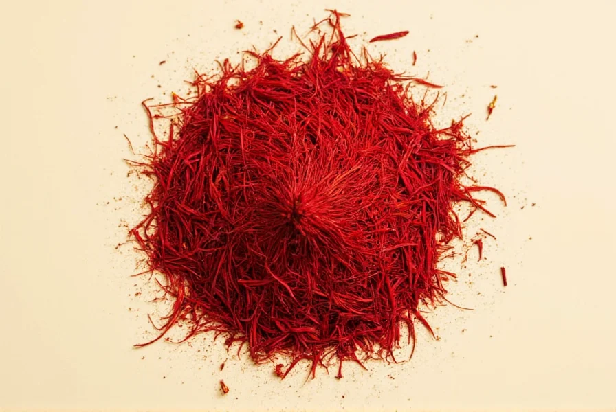 Close-up photograph of high-quality saffron threads showing vibrant crimson tips fading to orange-red bases on white background