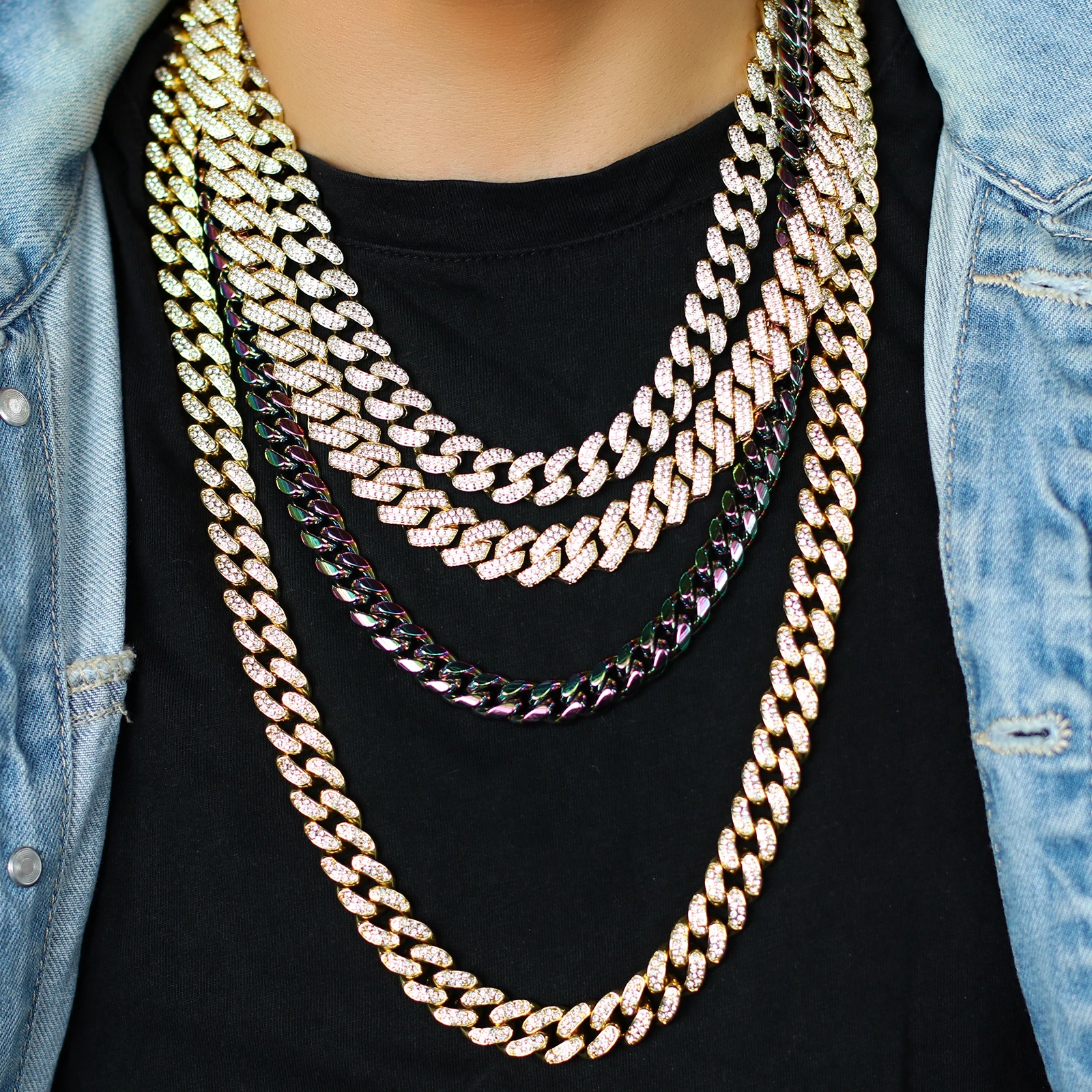 

14k 18k Mens Hip Hop Gold Jewelry Big Bling Necklace Stainless Steel Iced Out Diamond Cubic Zirconia Cuban Chain Link Necklace, Silver / gold / rose gold