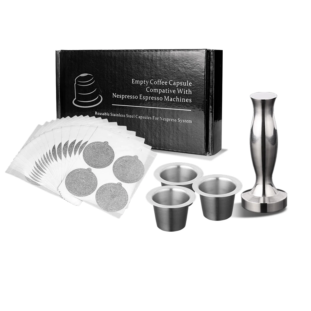 

7PCS/Set Stainless Steel Nespresso Reusable Coffee Capsule Coffee Tamper Refillable Cup Filter Nespresso Machines Maker Pod, Silver