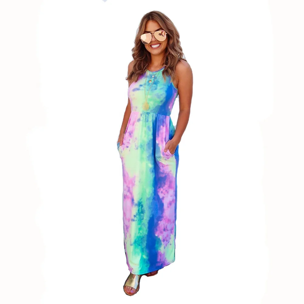 

custom sexy women casual dress maxi Sling printed Tye Dye maxi dress, Shown