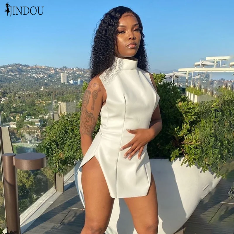 

2021 Solid Color High Split Sexy PU Leather Slim Open Back Zipper Dress For women Casual Dresses, One