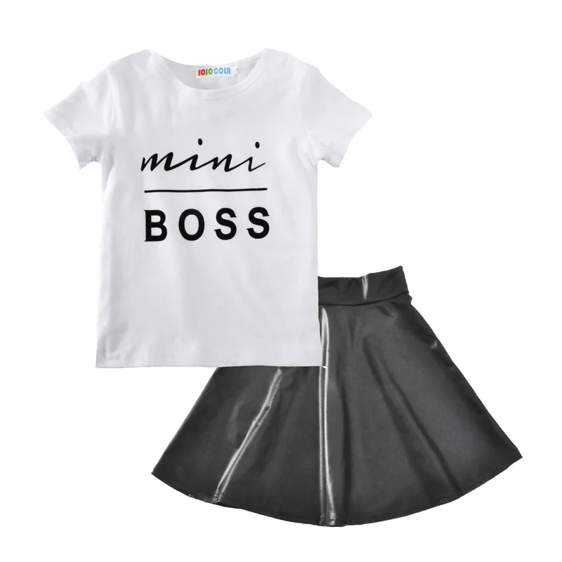 

Toddler Kids Girl Clothes Short Sleeve T-shirt Leather Skirt Mini Boss Kids Clothing, Photo showed and customized color