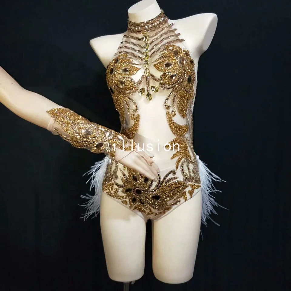 

Sparkly Silver Crystals Mesh Bodysuit Women Feather Leotard Outfit Female Bar Dance Stage Party Dance Costume Celebrity Dress