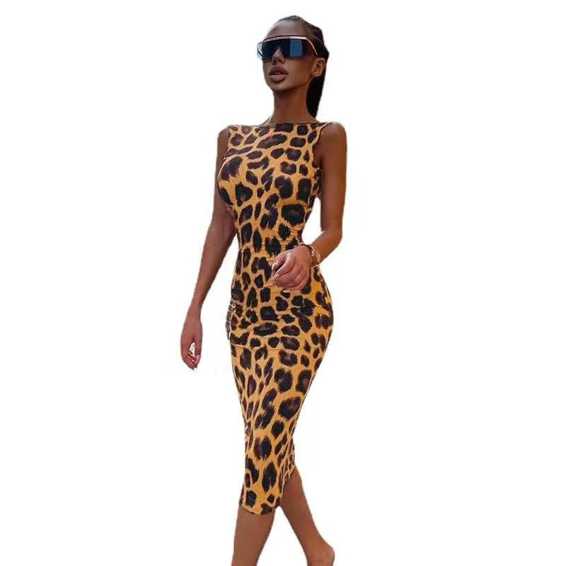 

Women's Sexy Spaghetti Strap Sleeveless Women Dress Dot Leopard Printed Summer Dresses Sexy Leopard Print Women Dress, Yellow, orange, purple, gray