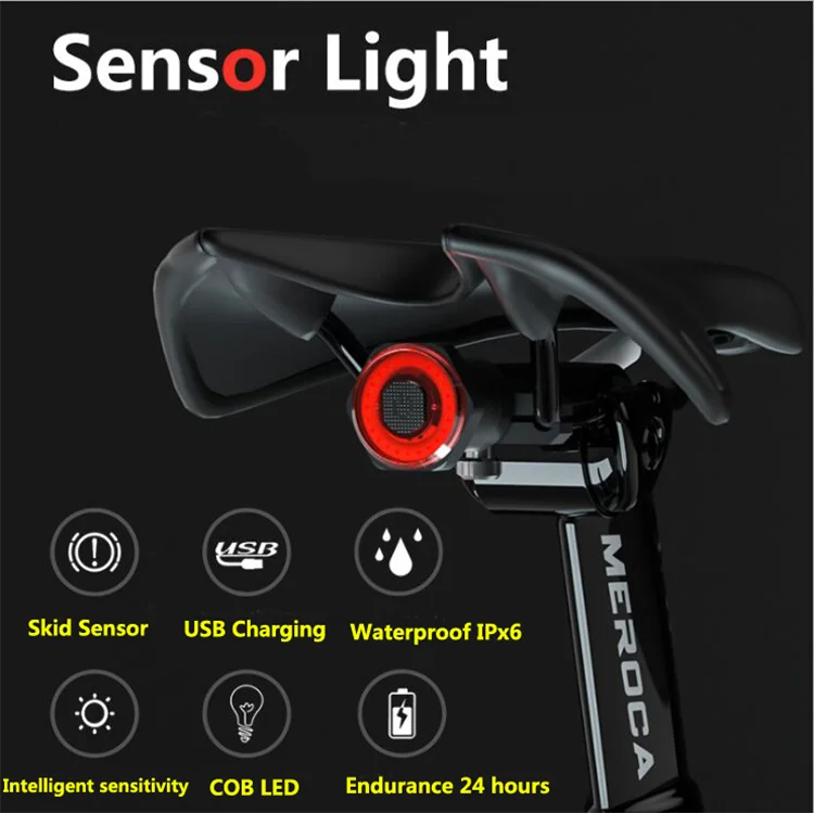 
MEROCA Bike Rear Light Auto Start/Stop Brake Sensing IPx6 Waterproof LED Charging bicycle Tail Light 