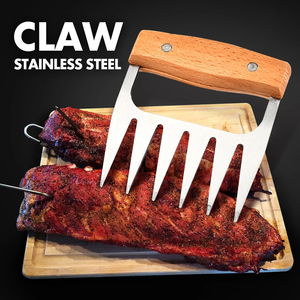 

Kitchen Barbecue Stainless Steel Meat Fork Picnic Essential Wooden Meat Claws steak Separator Kitchen Tool 2020, Silver