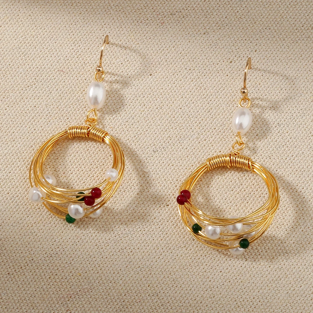

Handmade Round Wired Winding Natural Stone Oval Pearl Real Gold Hook Earrings Women Jewelry