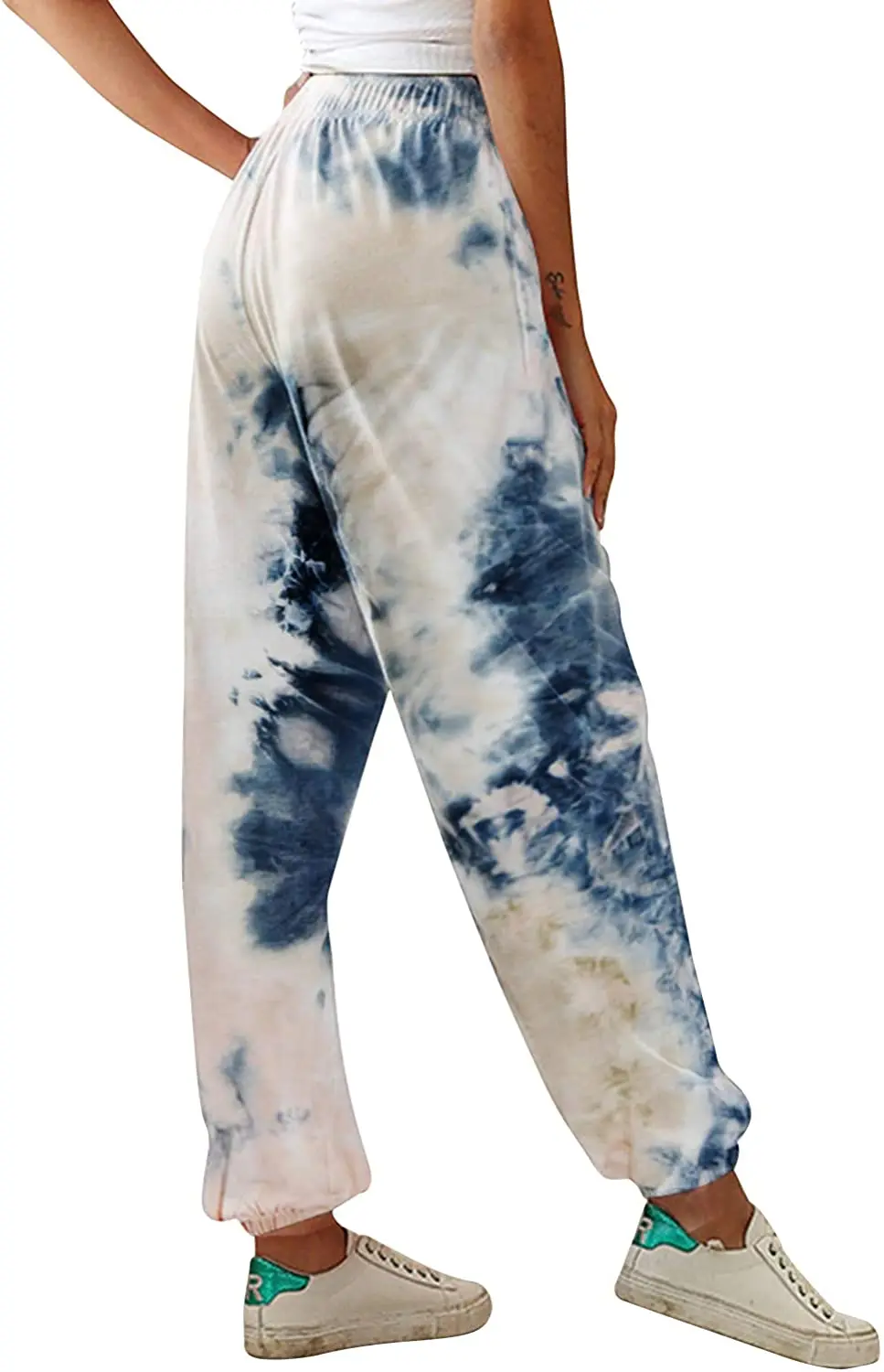 女士高腰运动裤慢跑裤抽绳瑜伽锻炼休闲裤带口袋扎带扎染睡裤